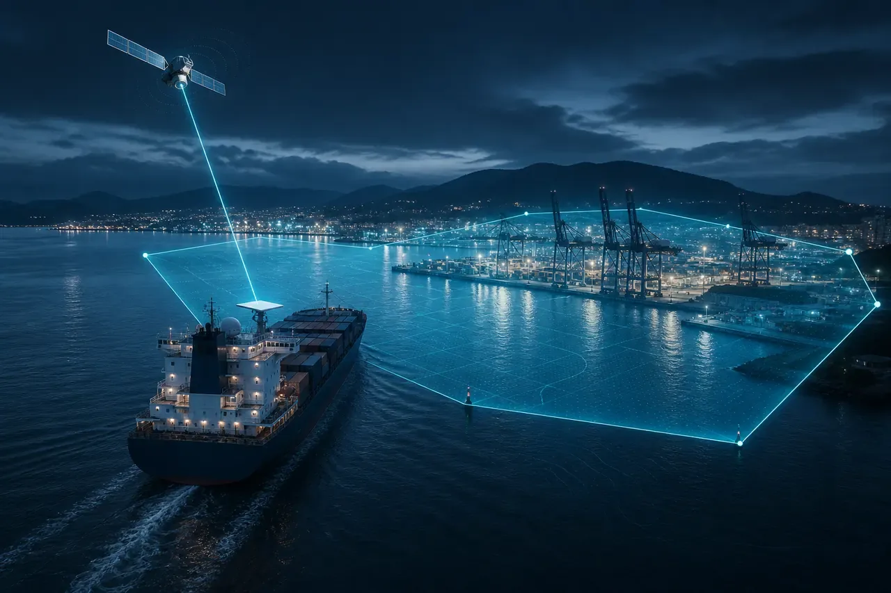 Cargo vessel approaching a sovereign port inside a Starlink-driven geofence