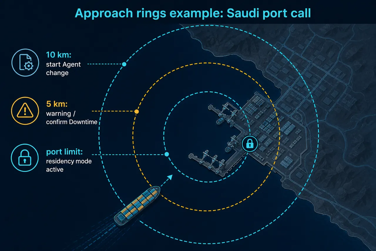 Saudi port approach rings: 10 km start Agent change, 5 km warning, port limit residency mode