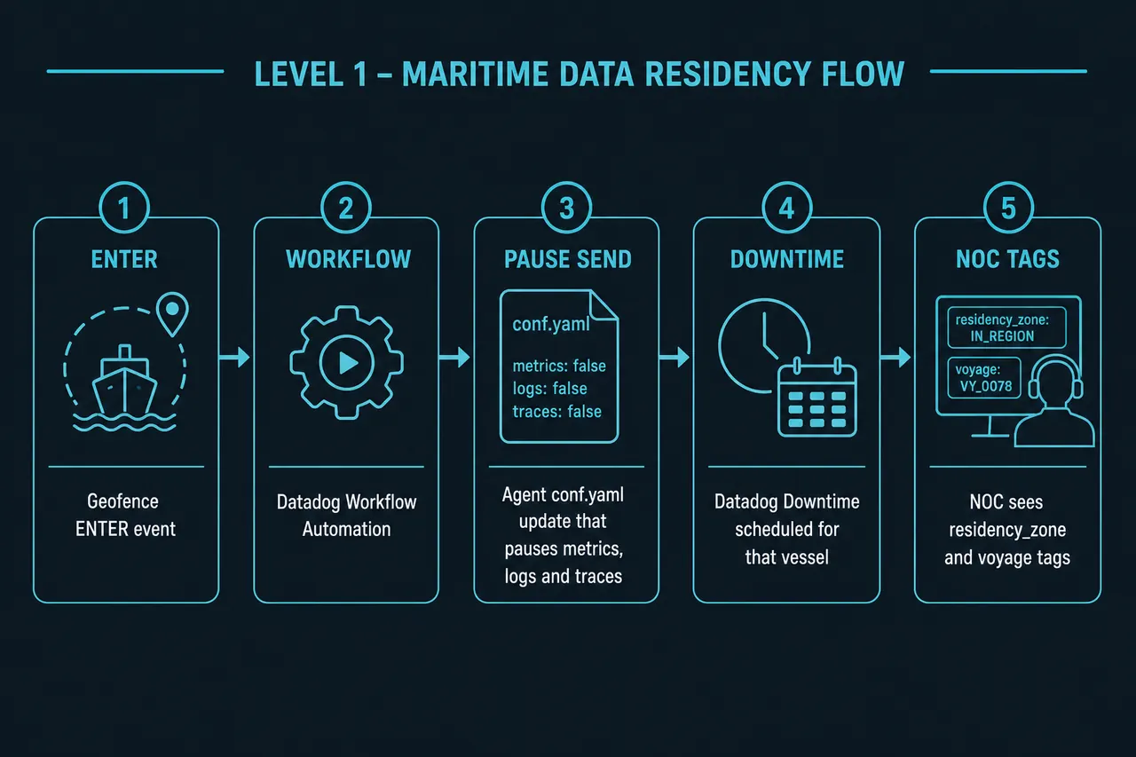Level 1 flow: geofence enter, pause Agent send, schedule vessel Downtime, NOC tags